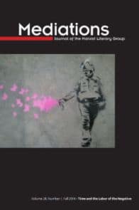Cover of Mediations Time and the Labor of the Negative, image: Graffiti of a police officer with pepper spray, spraying butterflies.