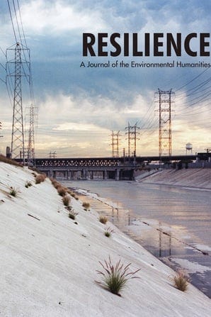 Cover of Resilience: A concrete aqueduct with powerlines and a cloudy sky.
